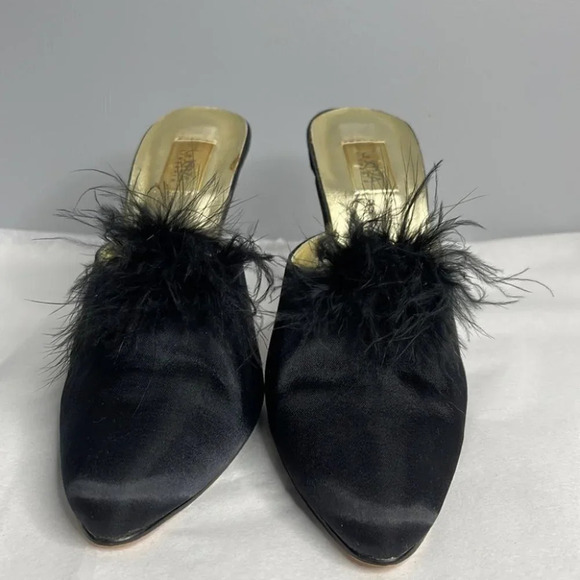 LA SENZA Vintage Black Feather Trim Satin Heel Slipper Shoes Size XL 7-8 - Picture 3 of 11